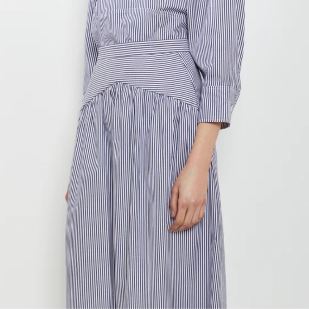 ATLANTIQUE ASCOLI Blue and White Striped Midi Skirt with Pockets